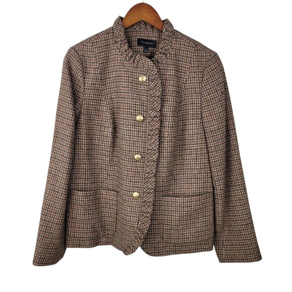 New $179 Talbots Blazer 14 Houndstooth Brown Ruffle Trim Plaid Wool NWT Academia - Picture 2 of 11